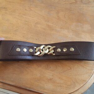 BCBGMAXAZRIA Wide Leather Waist Belt With Gold Chain Detail - Size Medium